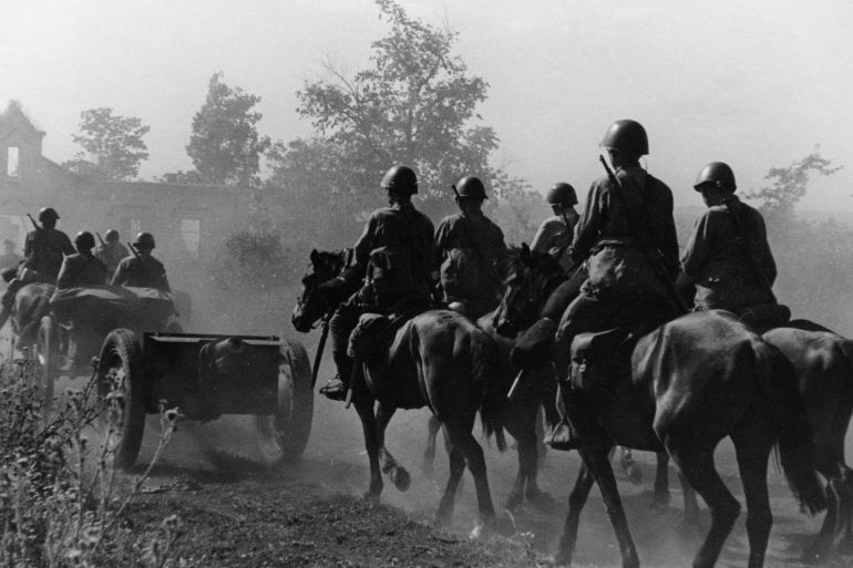 A horse-drawn artillery unit entering a village on the western bank of the don river, august 1942. (Photo by: Sovfoto/Universal Images Group via Getty Images)
